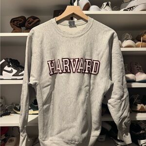 Champion Men’s Light Gray Crewneck Sweatshirt with Maroon Harvard Logo